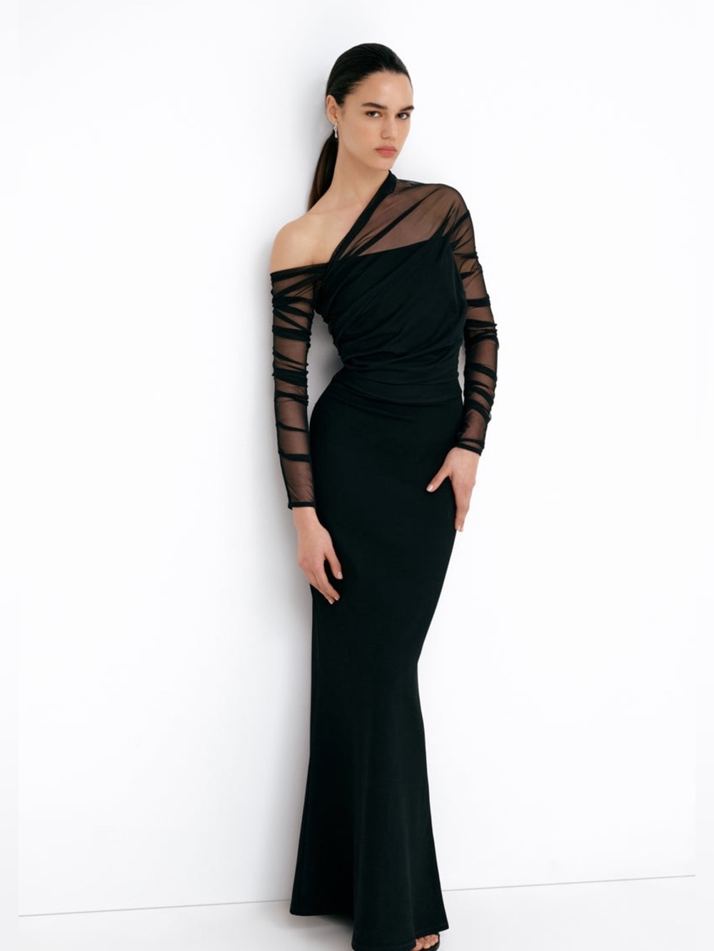 Marcella NYC Monroe Maxi Dress Mermaid European Ponte & Mesh Gown Size Large